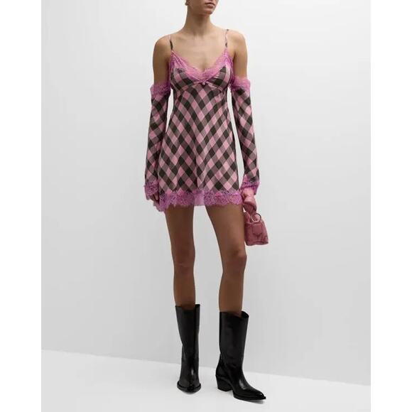 MOSCHINO JEANS Check Lace Long-Sleeve Mini Dress - Fantasy Print Green 44/US8 - Picture 2 of 7